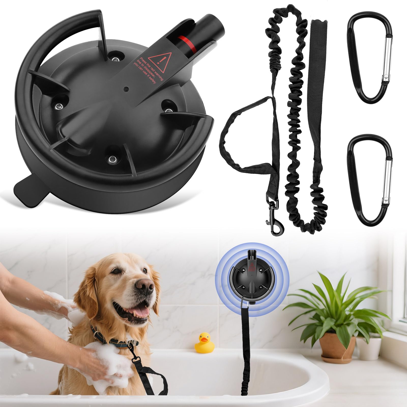 Ruppence dog bathing suction cup tether setup demonstrates adjustable height for grooming.