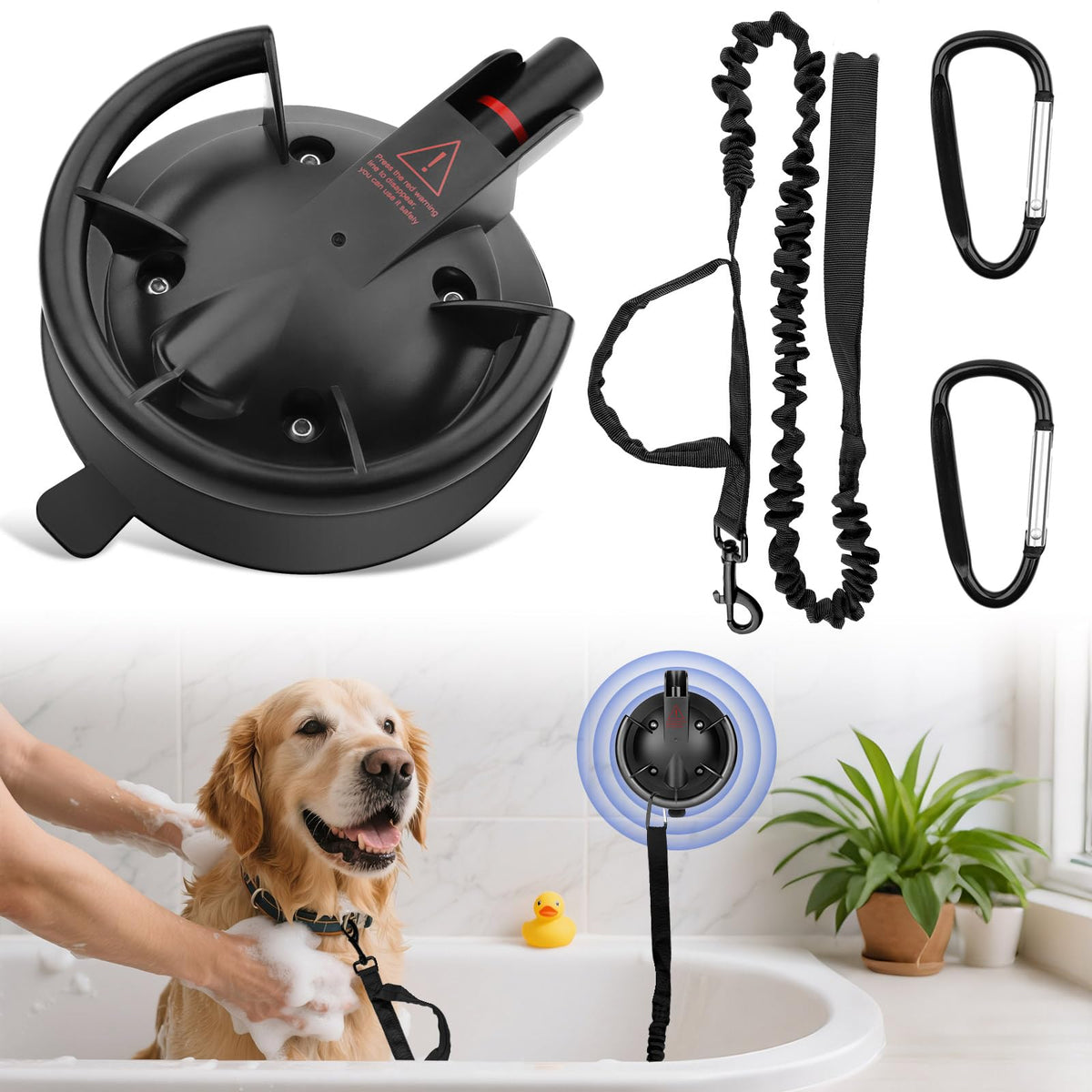 Ruppence dog bathing suction cup tether setup demonstrates adjustable height for grooming.