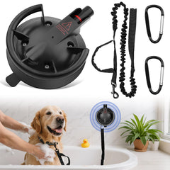 Ruppence dog bathing suction cup tether setup demonstrates adjustable height for grooming.