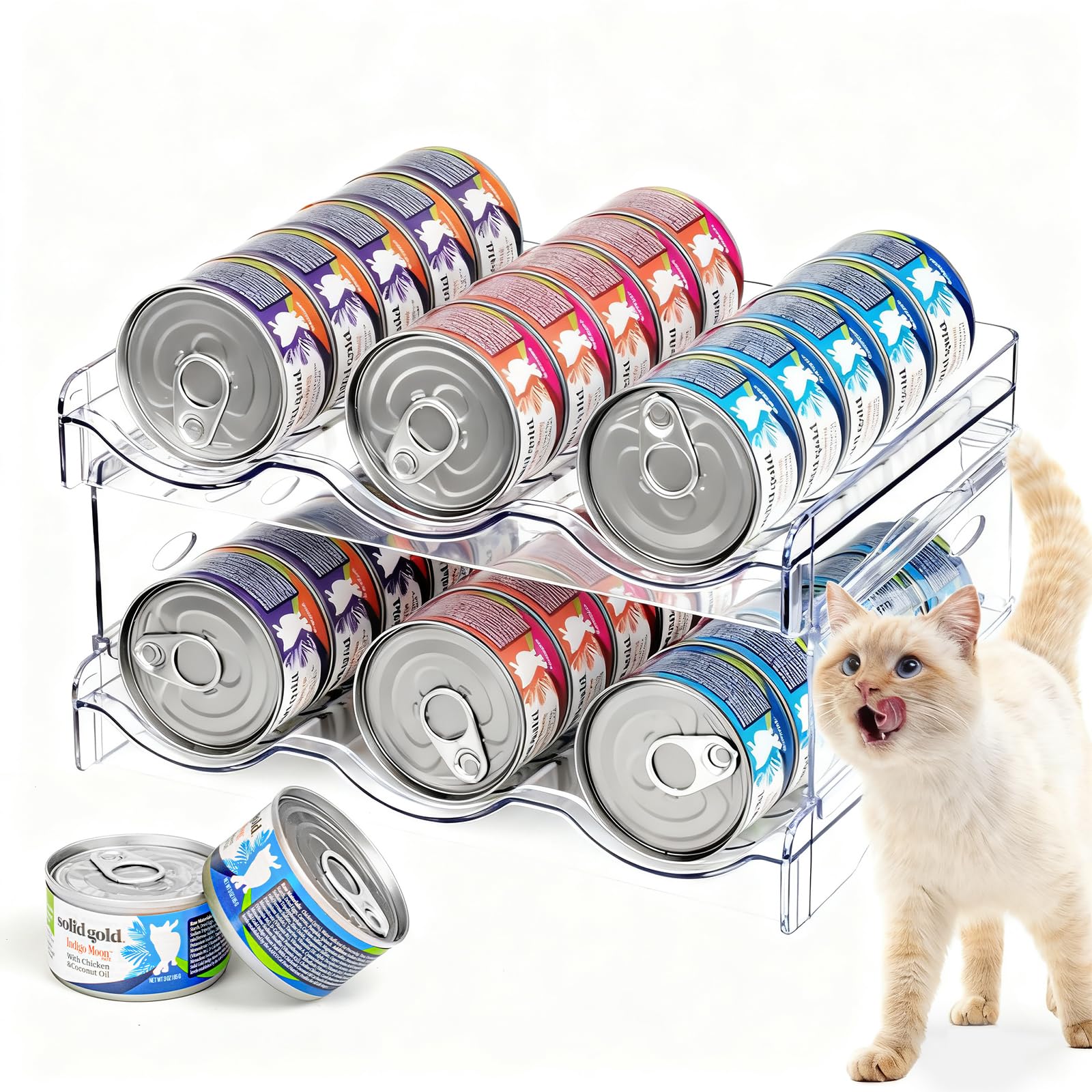 Rvelidode 2-layer transparent cat food organizer showing cans for easy access