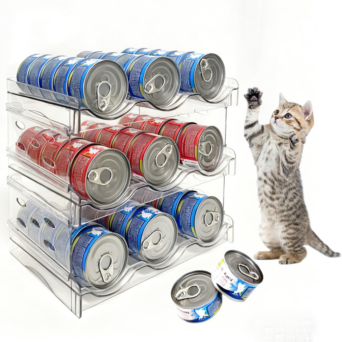 Rvelidode cat can organizer transparent-front view for quick, organized cat food access.