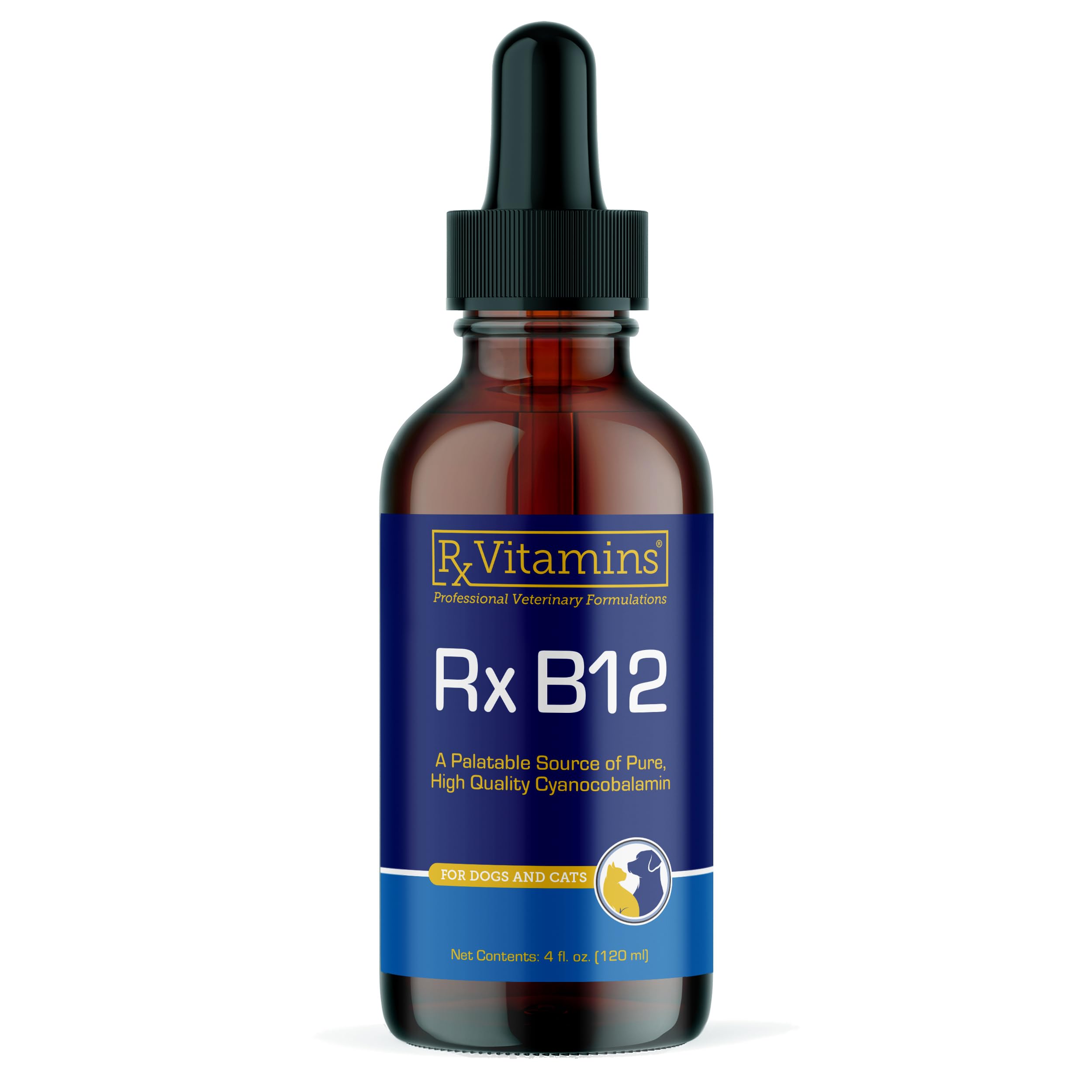 Rx Vitamins B12 bottle pour demonstrates easy administration for dogs and cats' digestive support.