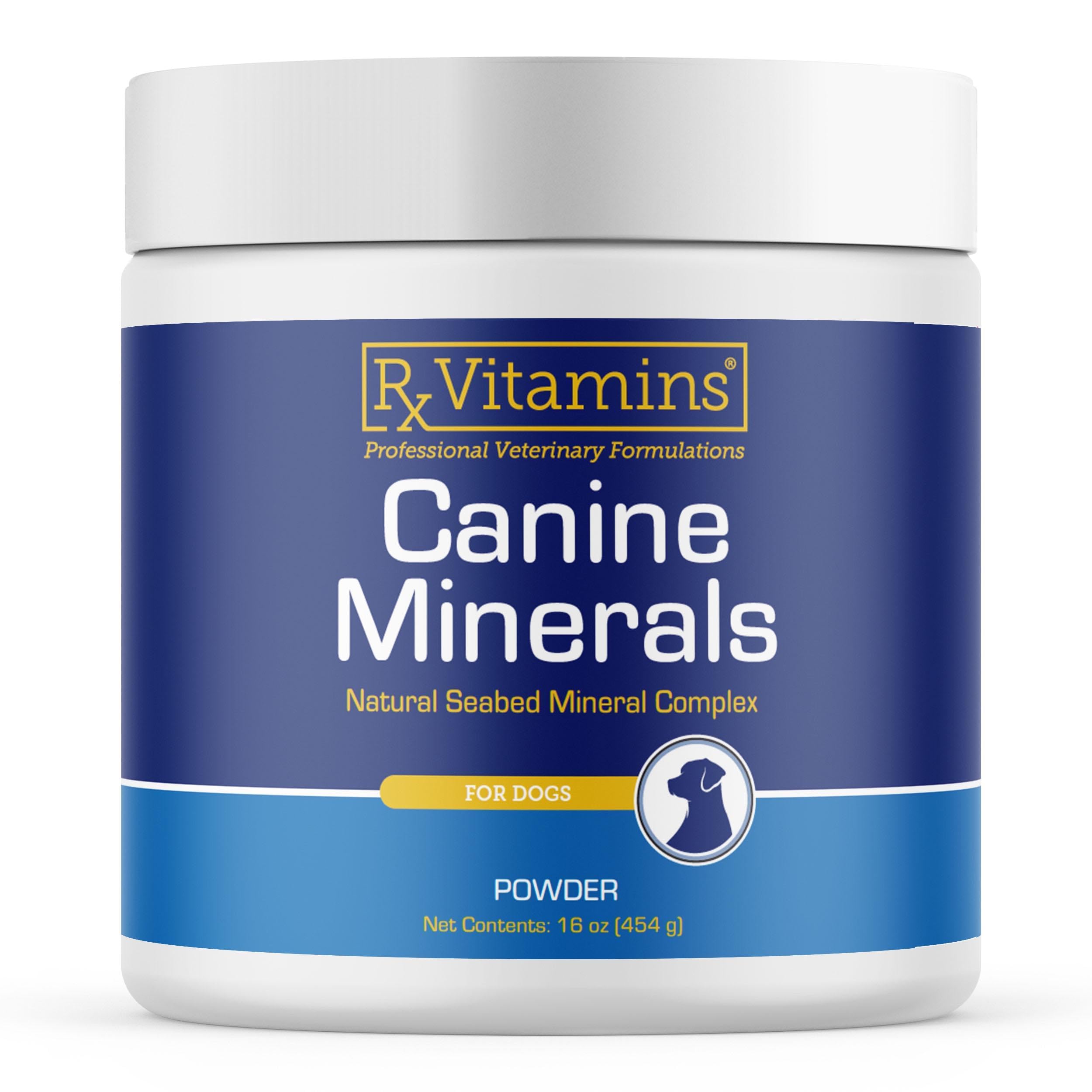 Rx Vitamins Canine Minerals bottle label highlights calcium and minerals for canine bone health.