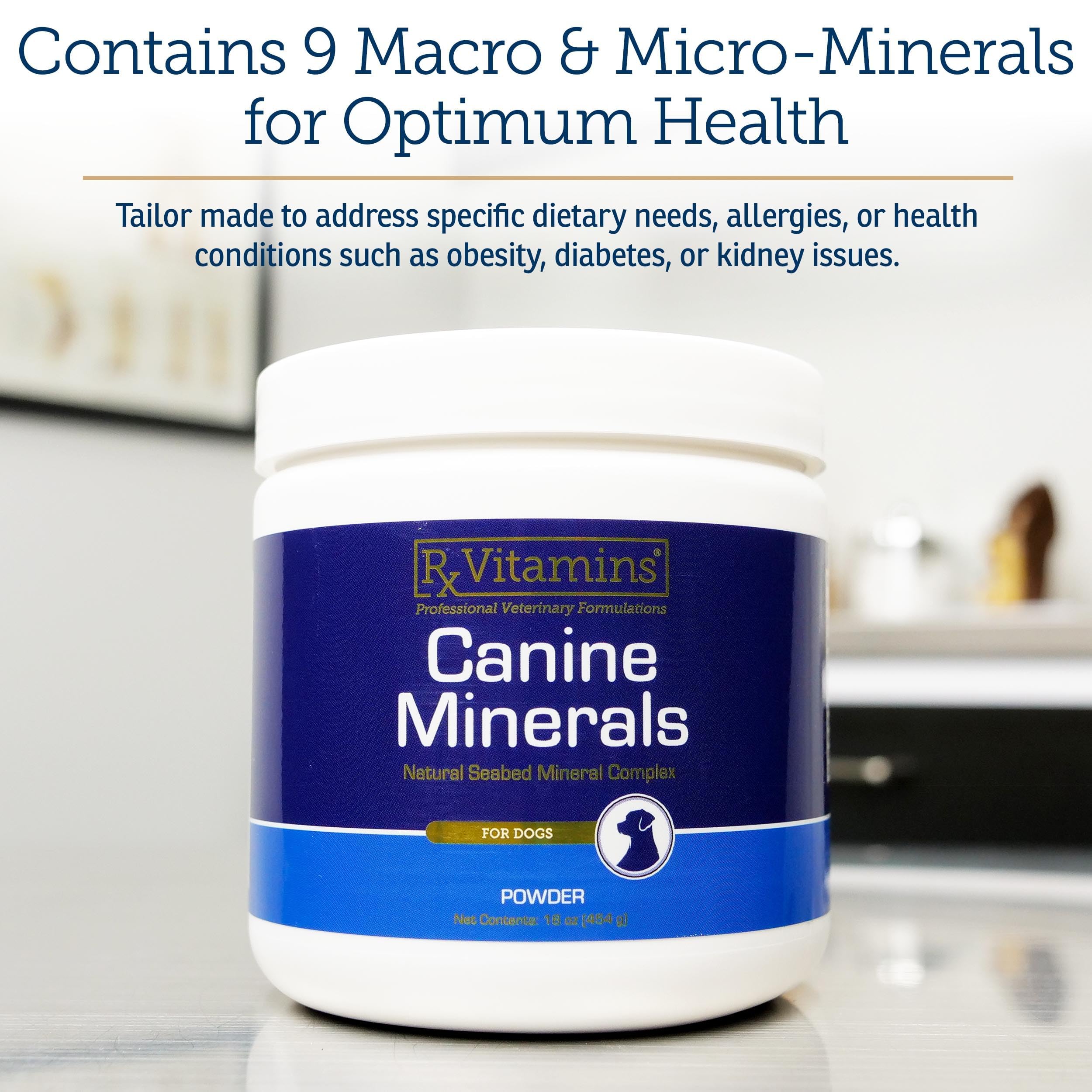 Rx Vitamins Canine Minerals sprinkled on dog meal as a convenient daily topper.