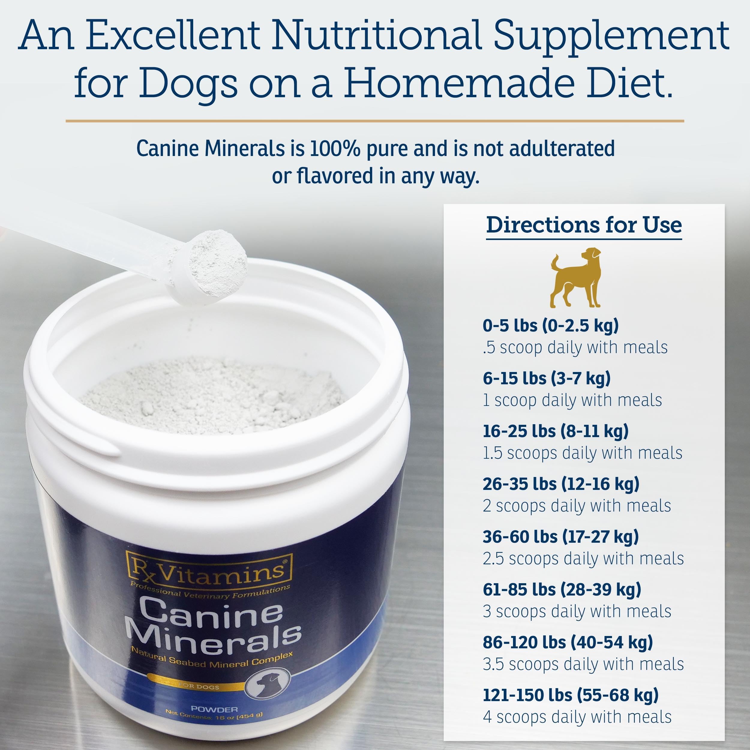 Rx Vitamins Canine Minerals measuring scoop shows simple dosage for consistent use.