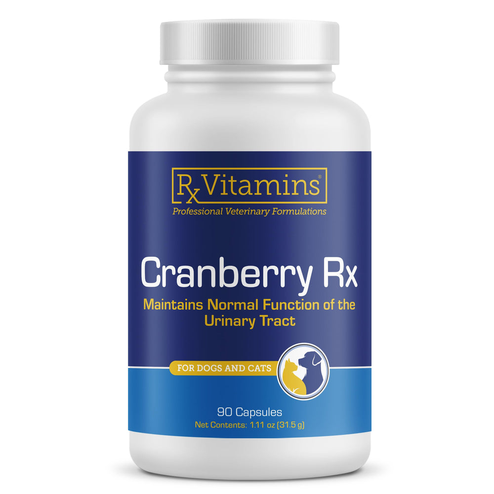 Rx Vitamins Cranberry Capsules bottle label highlighting urinary tract support for pets