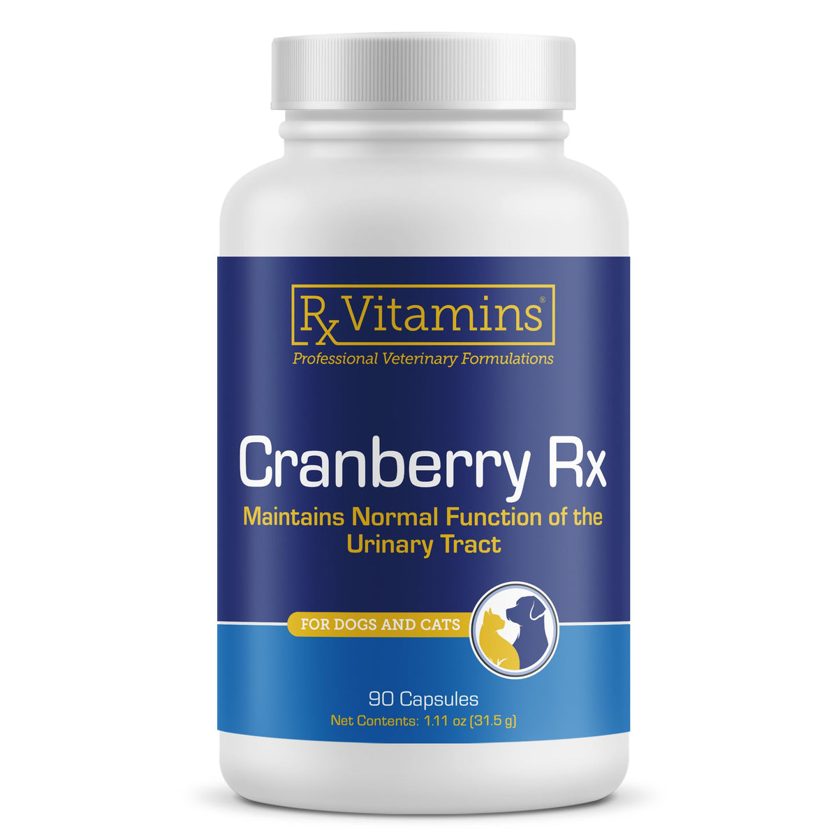 Rx Vitamins Cranberry Capsules bottle label highlighting urinary tract support for pets