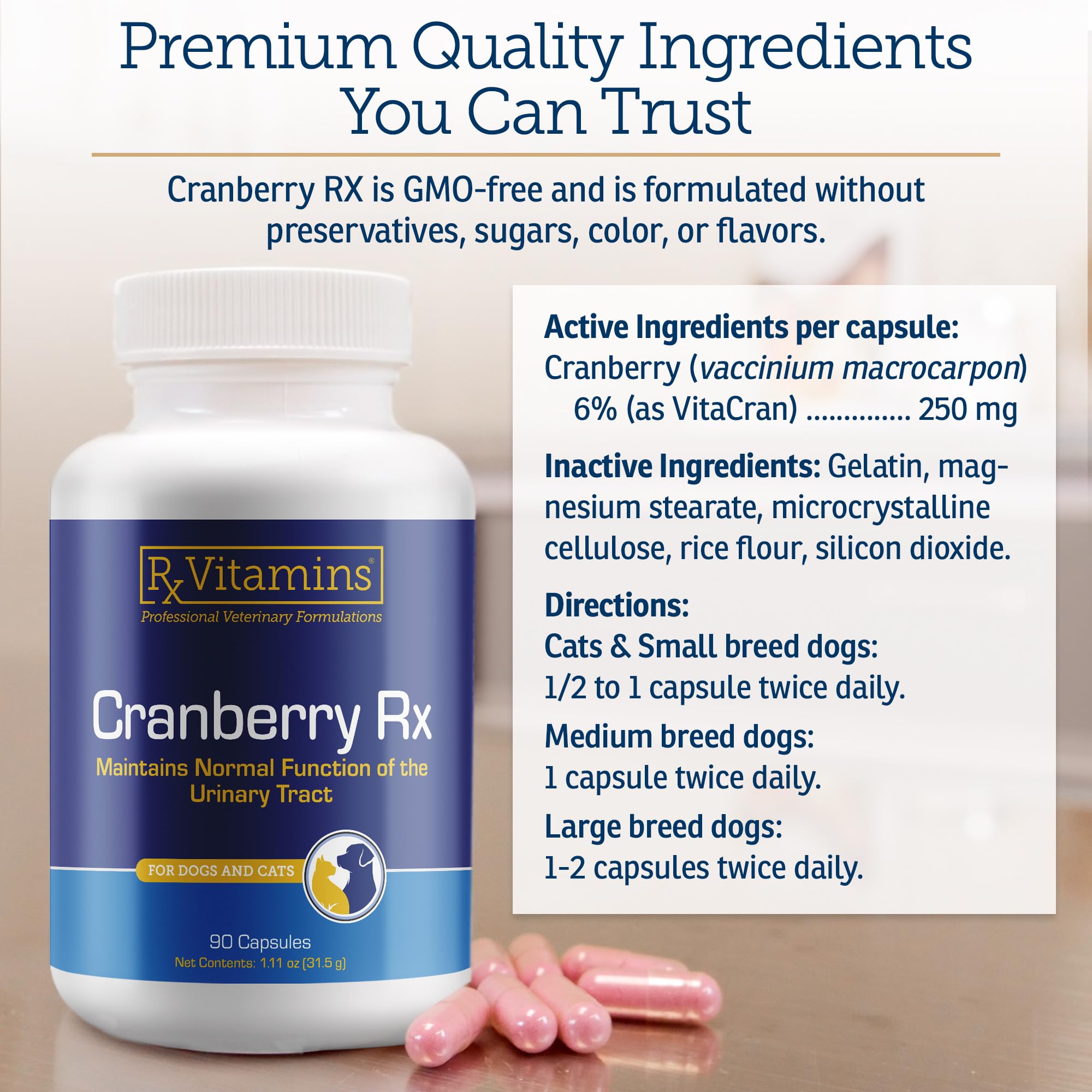 Rx Vitamins Cranberry Capsules emphasize immune support through antioxidants for pets
