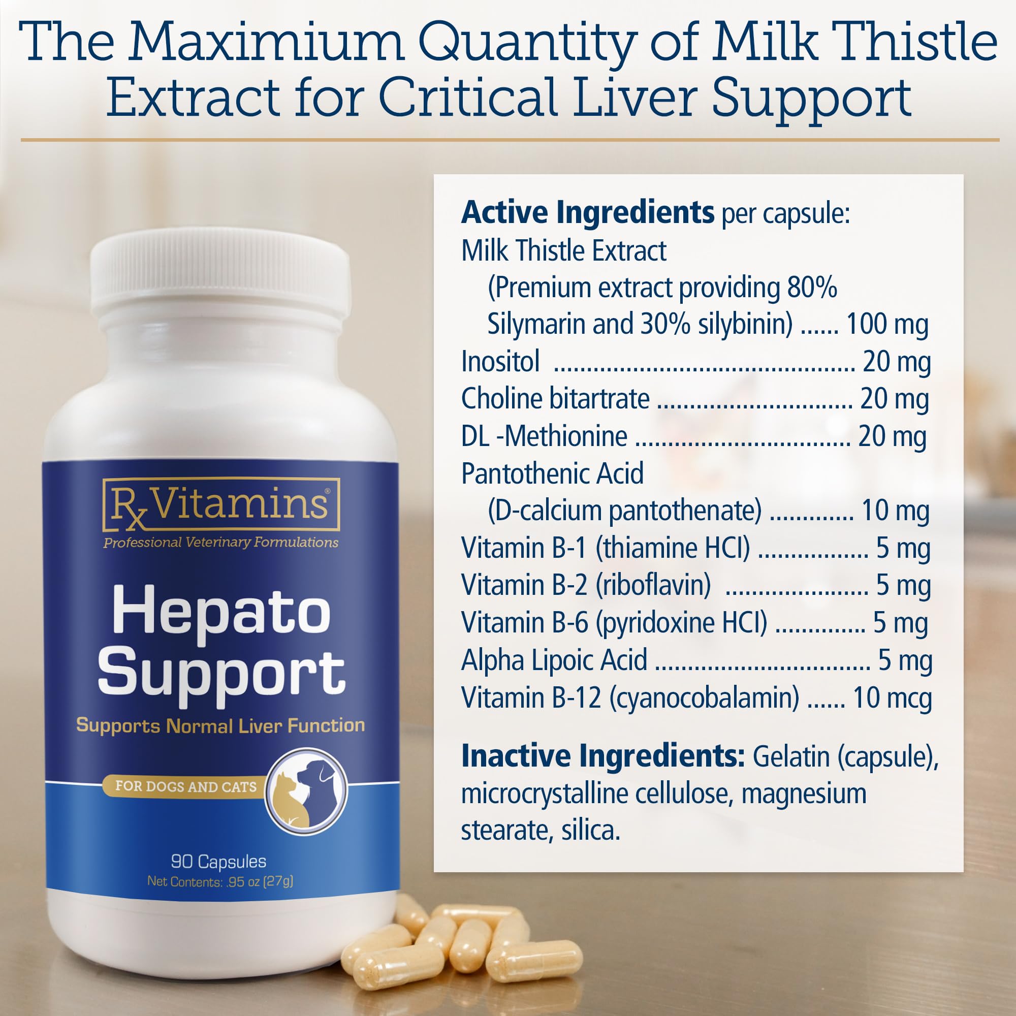 Rx Vitamins Hepato Support senior pets image suggests immune-friendly liver care.