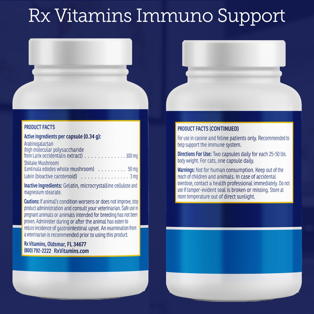 Rx Vitamins Immuno Support capsules and packaging for simple daily dosing.