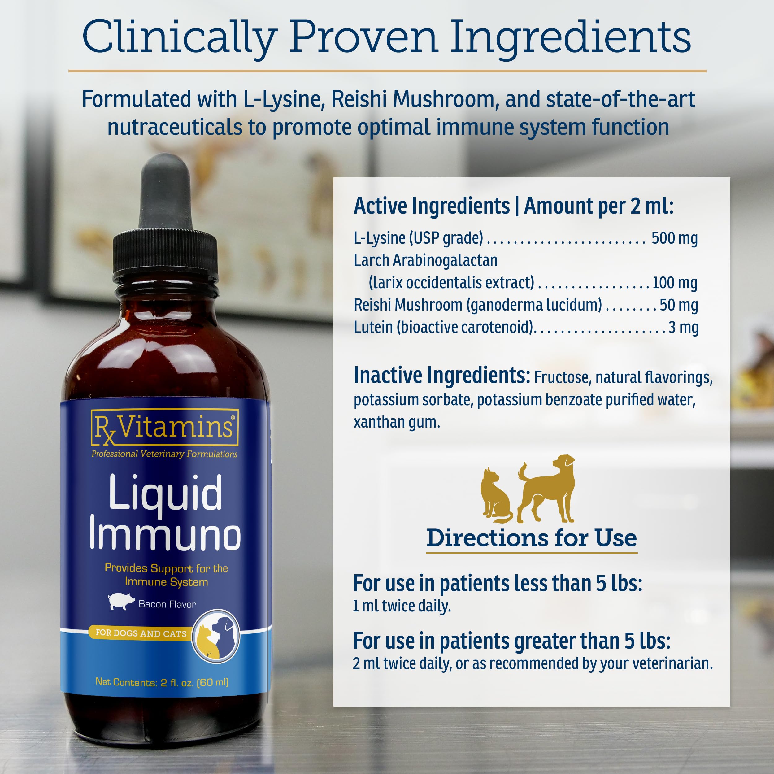 Rx Vitamins Liquid Immuno bacon-flavor drops soothe dosing for pets.