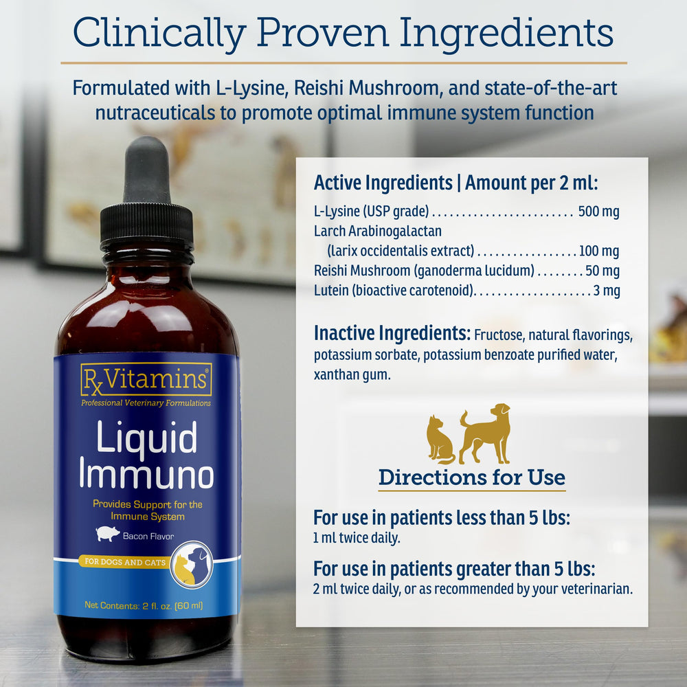 Rx Vitamins Liquid Immuno bacon-flavor drops soothe dosing for pets.