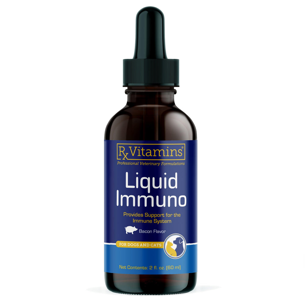 Rx Vitamins Liquid Immuno bottle pour for easy pet dosing and wellness.