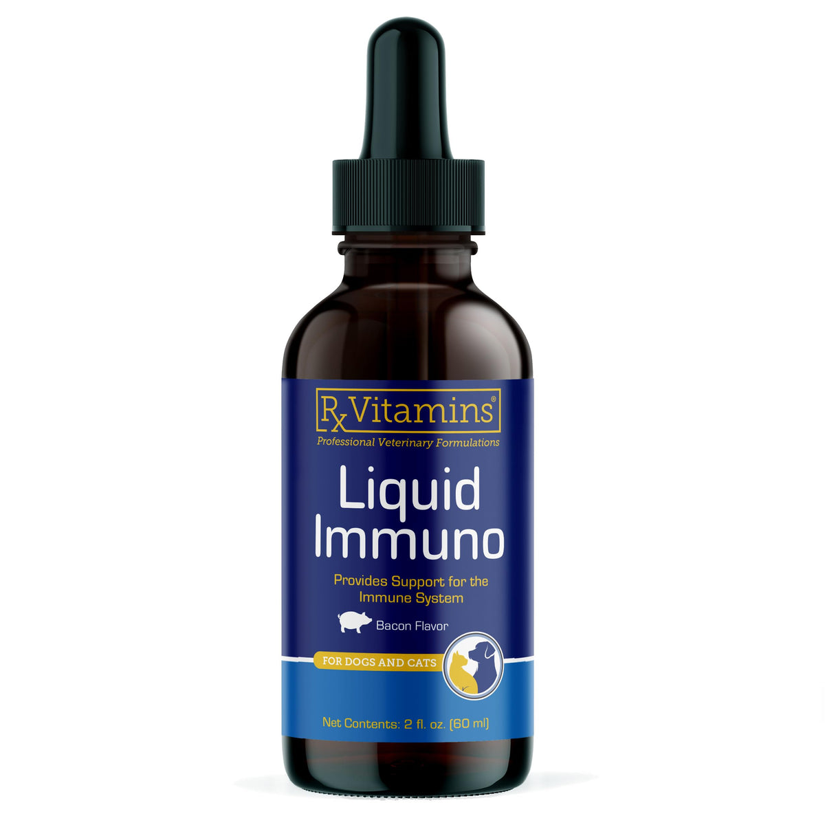 Rx Vitamins Liquid Immuno bottle pour for easy pet dosing and wellness.