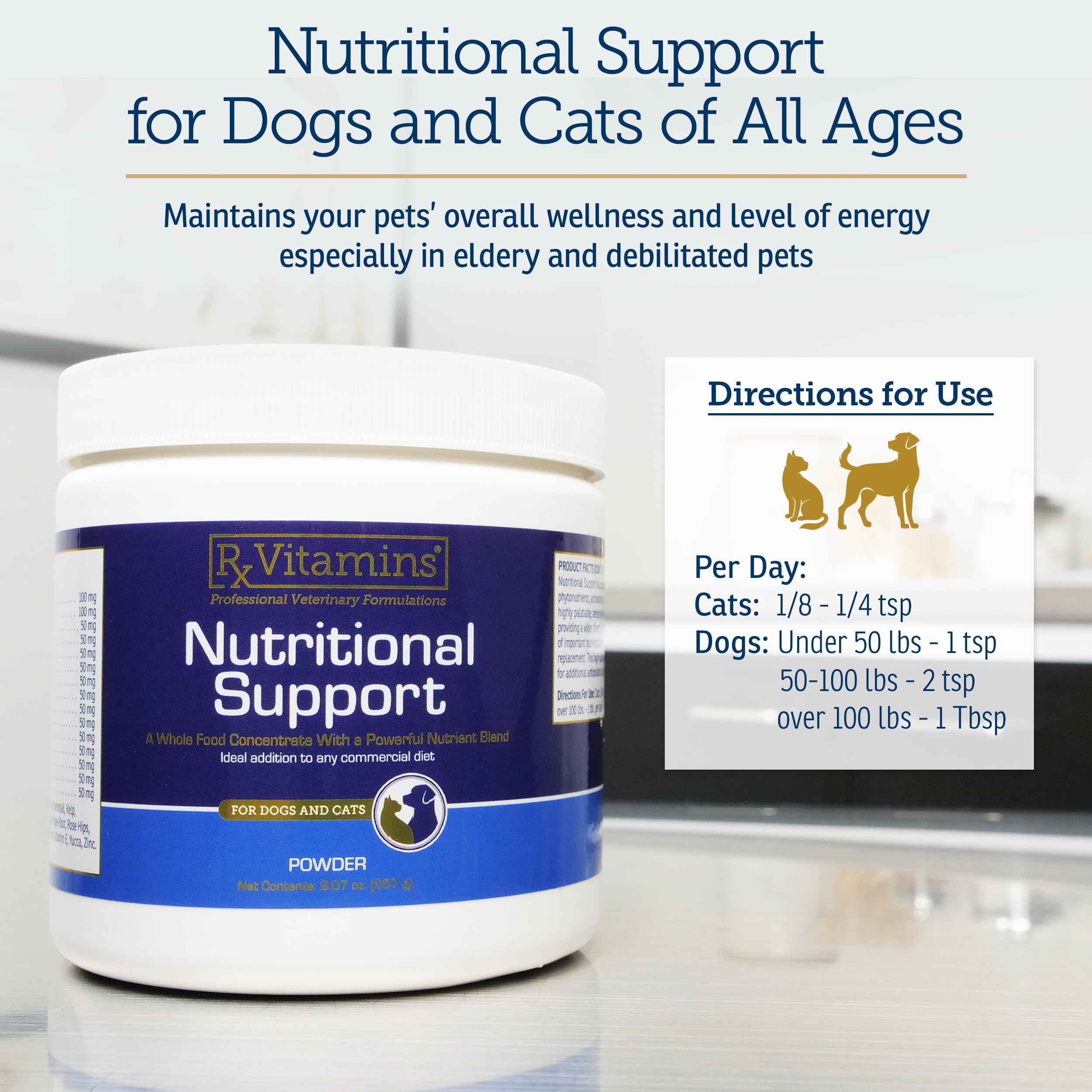 Rx Vitamins Nutritional Support powder being measured for easy daily use.