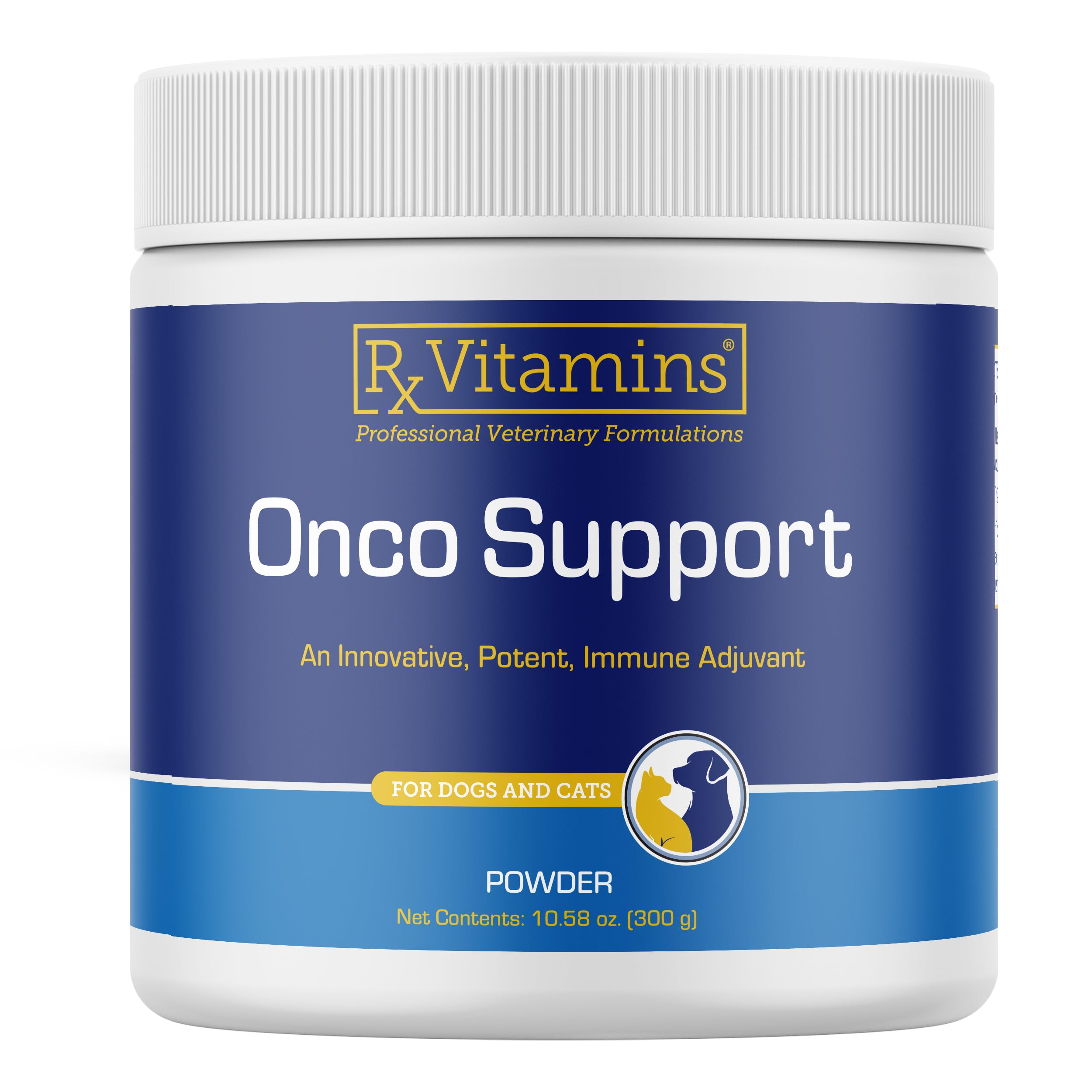 Rx Vitamins Onco Support dog bottle highlights immune and gut health support.