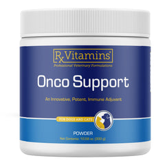 Rx Vitamins Onco Support dog bottle highlights immune and gut health support.