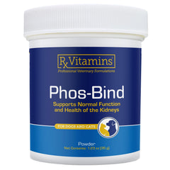 Rx Vitamins Phos-Bind powder tube close-up for easy mixing into pet meals.