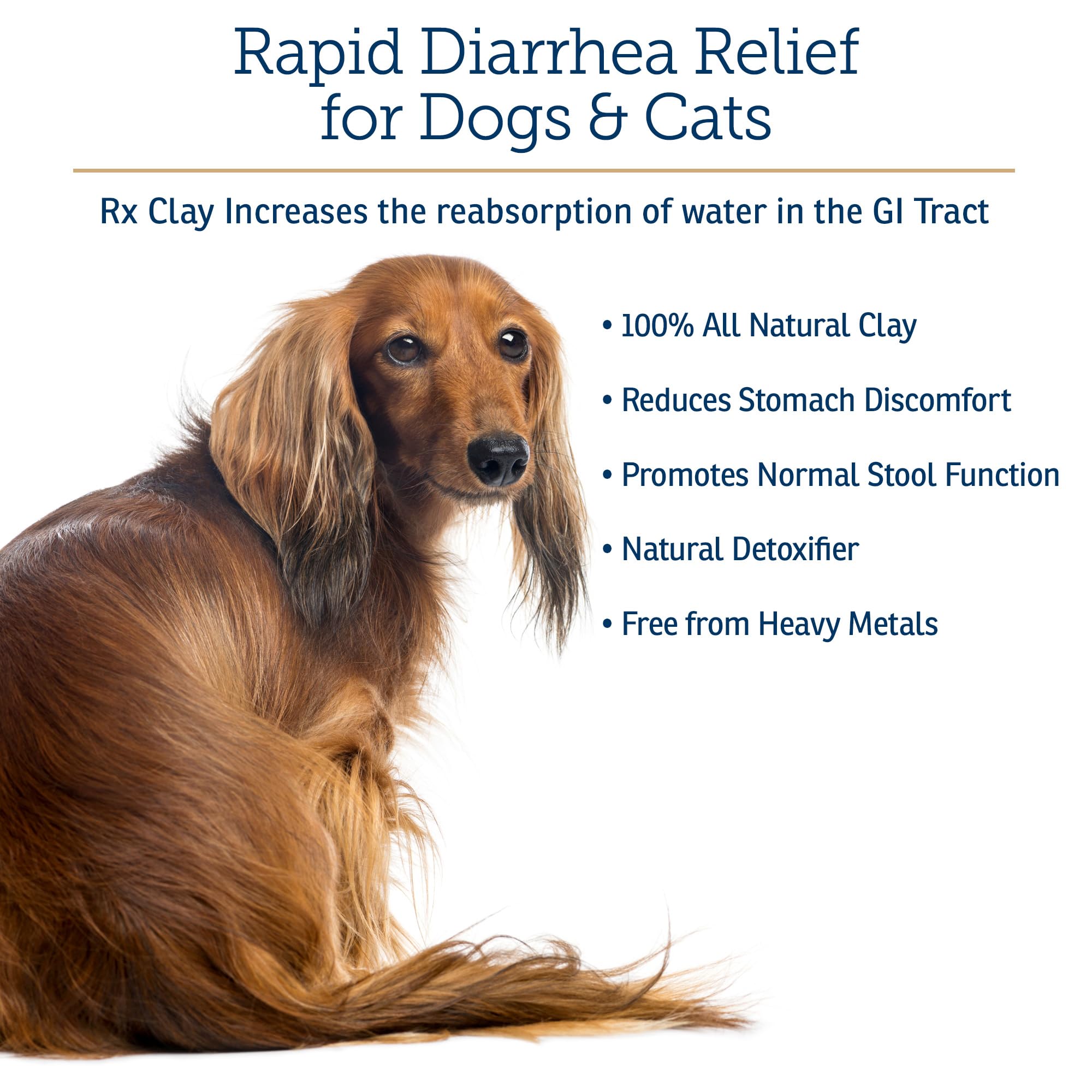 Rx Vitamins Rx Edible Clay Powder label shows dosage guidance for diarrhea management.