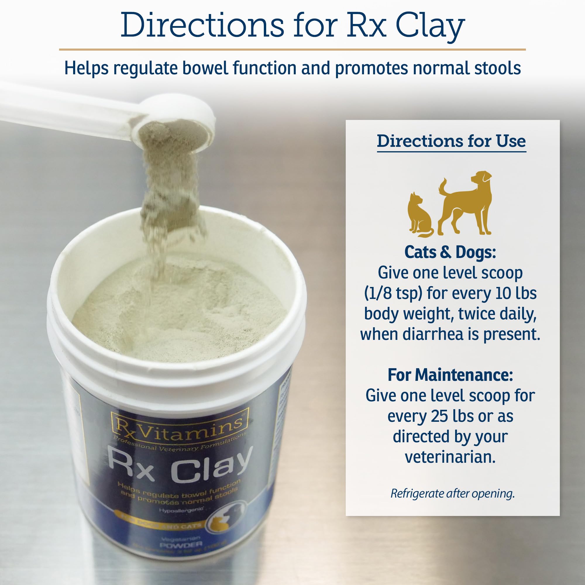 Rx Vitamins Rx Edible Clay Powder sprinkled into pet food for gas relief.