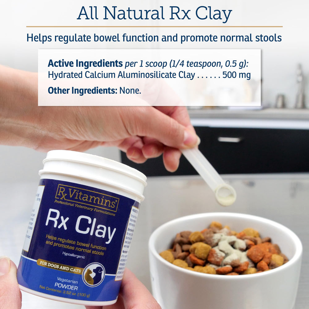Rx Vitamins Rx Edible Clay Powder packaging beside a calm dog and cat gut health concept.
