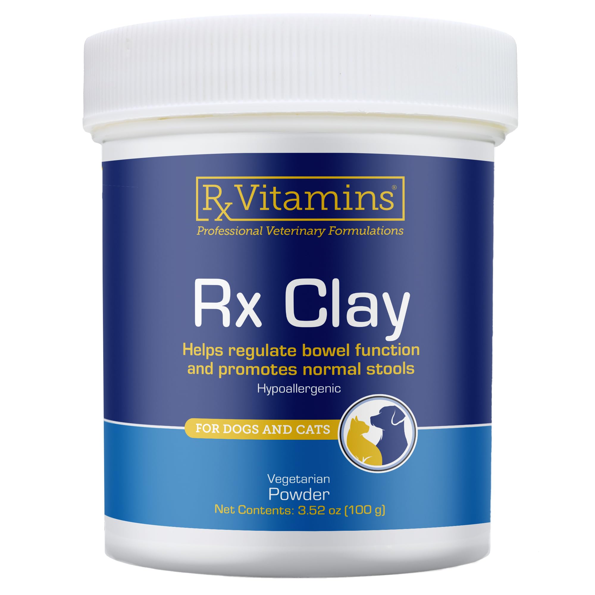 Rx Vitamins Rx Edible Clay Powder tub front highlighting natural detox for pets.