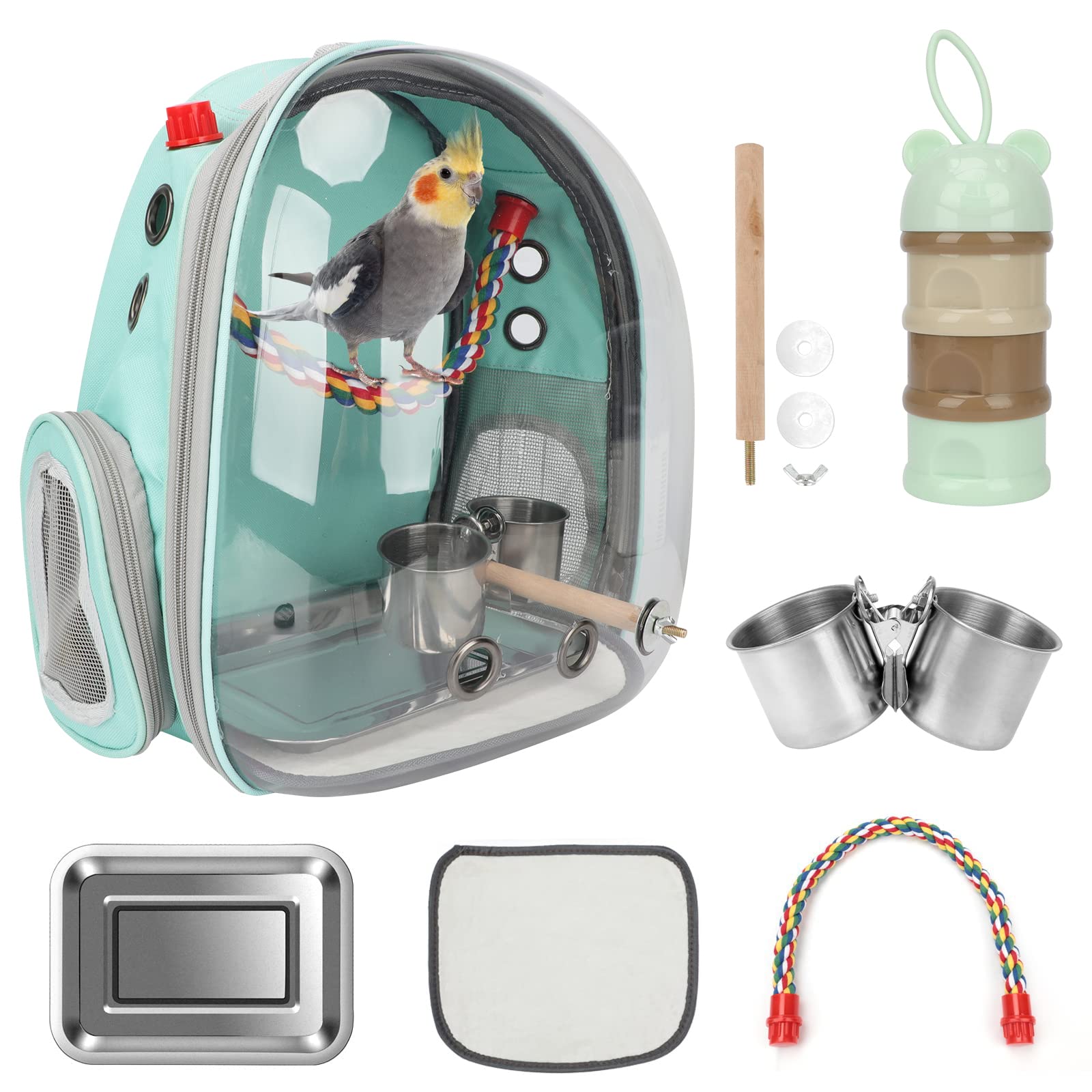 Rypet bird carrier backpack front view in mint green for hands-free travel with comfort