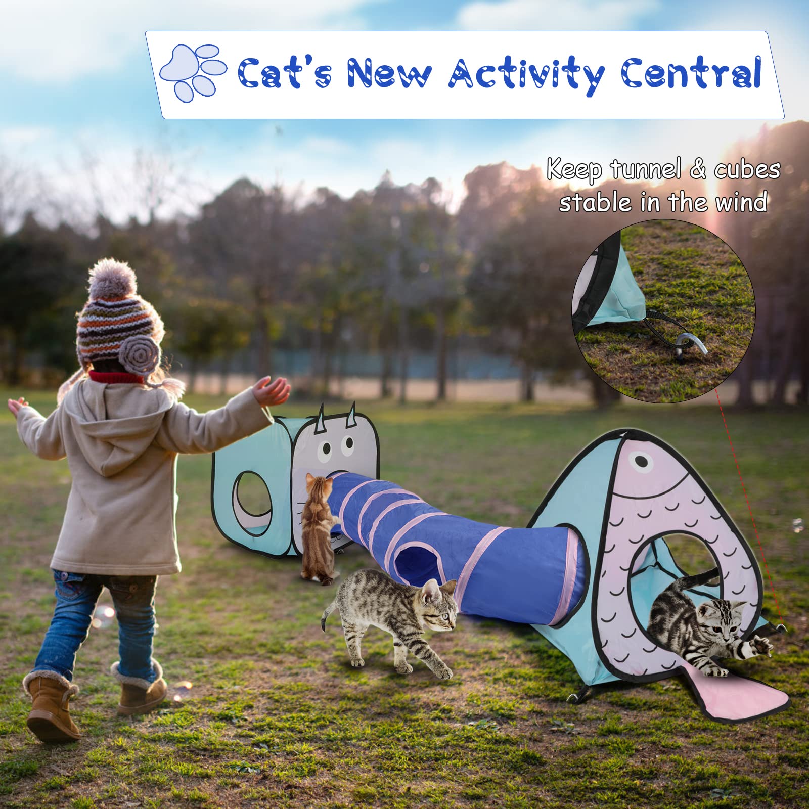 Rypet cat tunnel assembly demonstrates flexible shapes for varied play setups.
