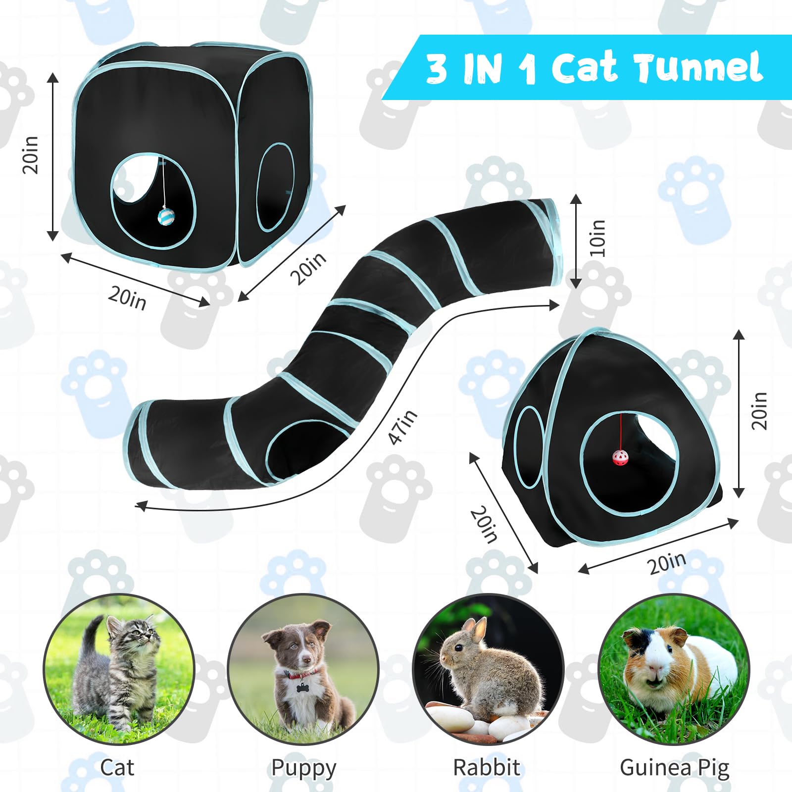 Rypet cat tunnels with hanging balls attract curiosity and invite interactive hunting.