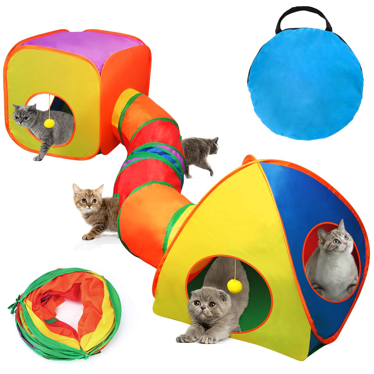 Rypet cat tunnels rainbow pattern front view for indoor playtime and daily exercise.