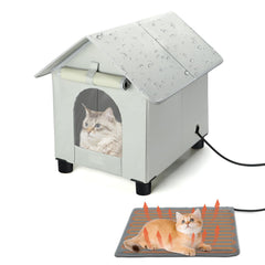 Rypet heated cat house outdoor gray, weatherproof shelter for winter warmth