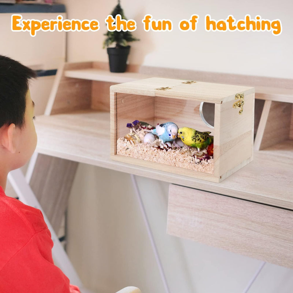 Rypet parakeet nesting box hinged lid enables easy cleaning and bedding changes.