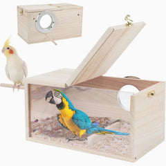 Rypet parakeet nesting box with transparent design outside view for clear nesting observation.