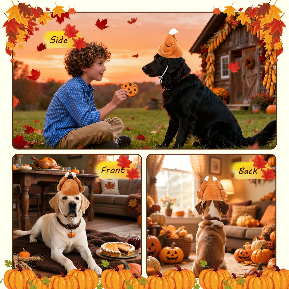 Rypet turkey drumstick hat worn on dog during playful moment