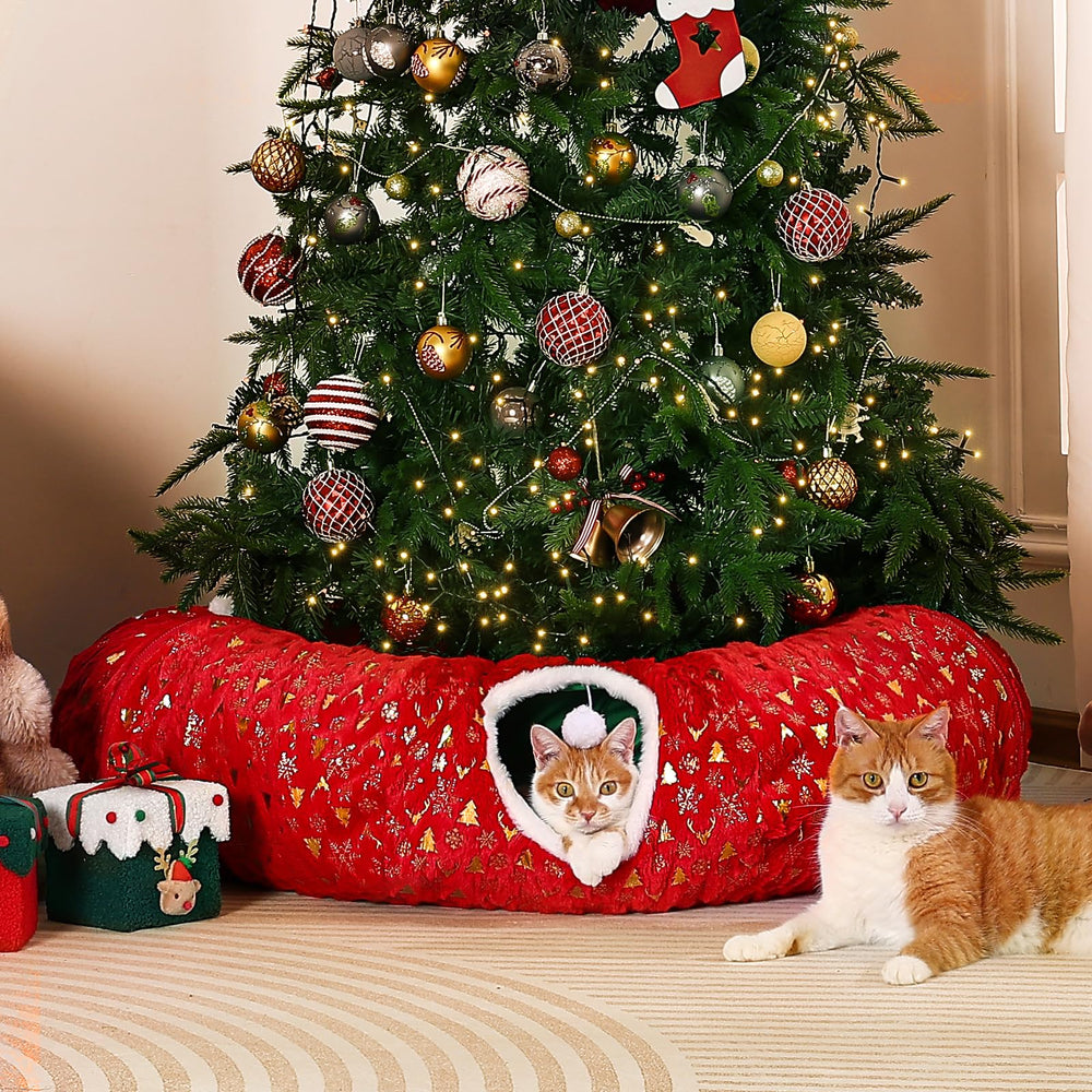 Rywell 3-in-1 cat tunnel under Christmas tree creates playful space while protecting ornaments.