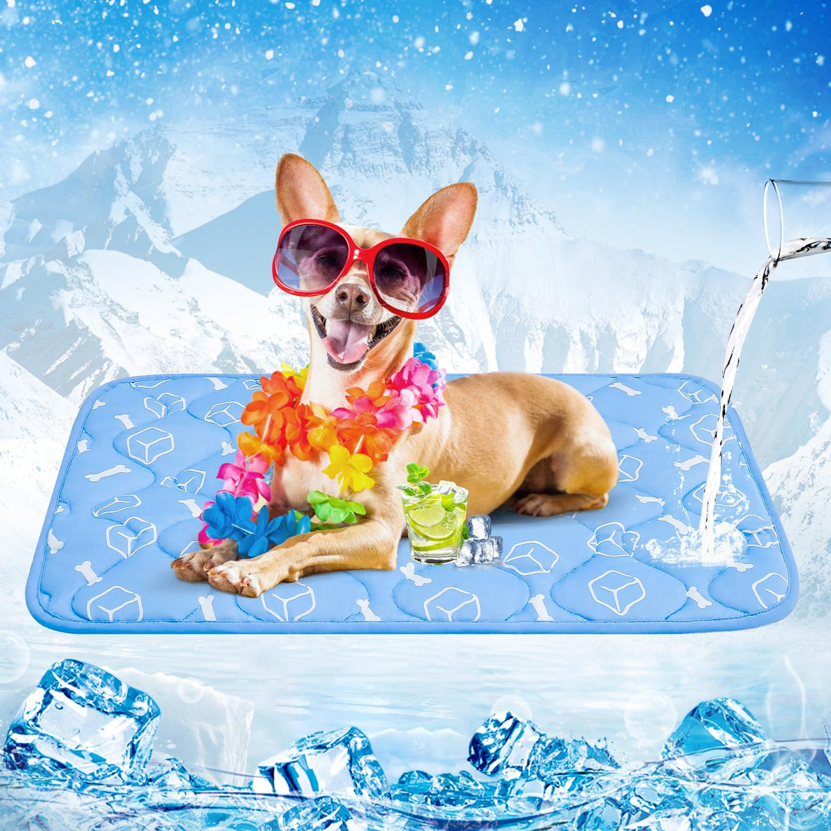Rywell Dog Cooling Mat 2.0 blue surface shows thermochromic color change for cooling visibility.