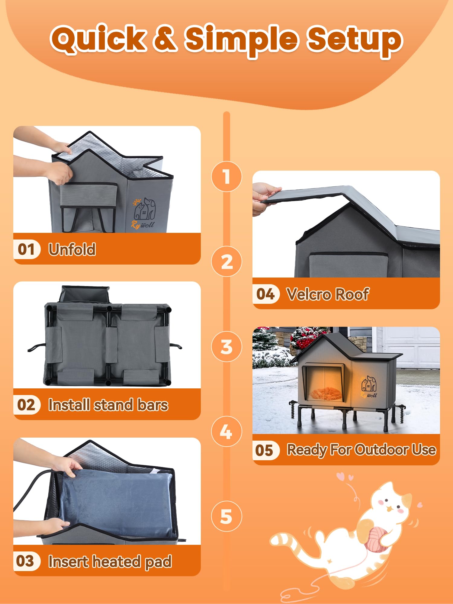 Rywell heated cat house side-exit-cord keeps wiring tidy and drafts at bay.