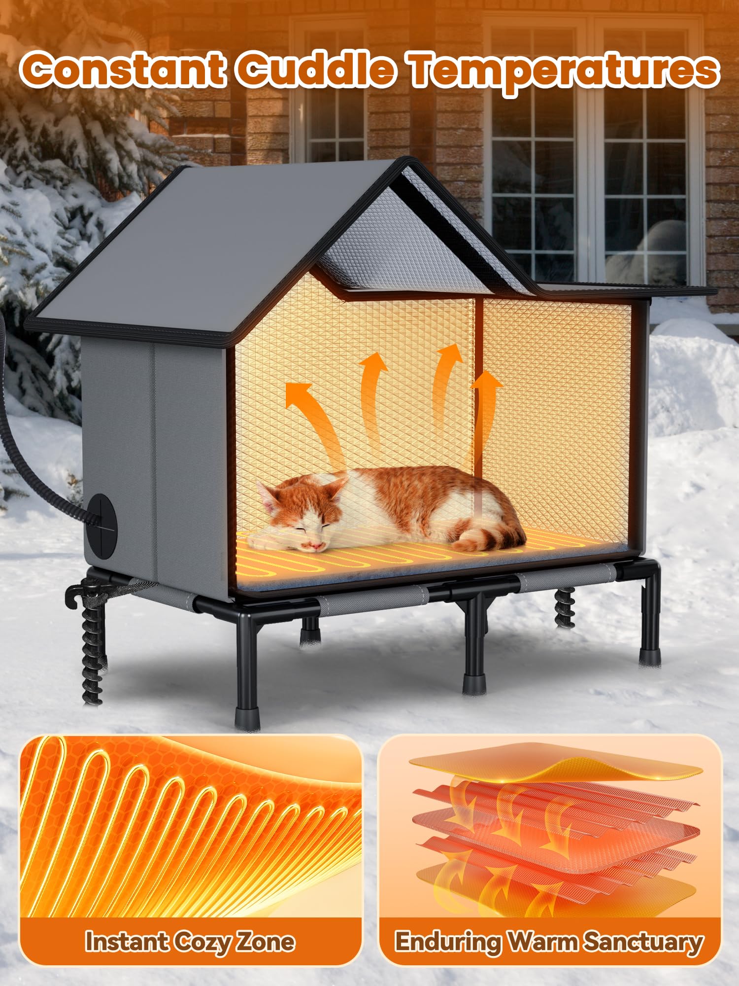 Rywell heated cat house waterproof-eaves highlights rain protection and extended shelter.