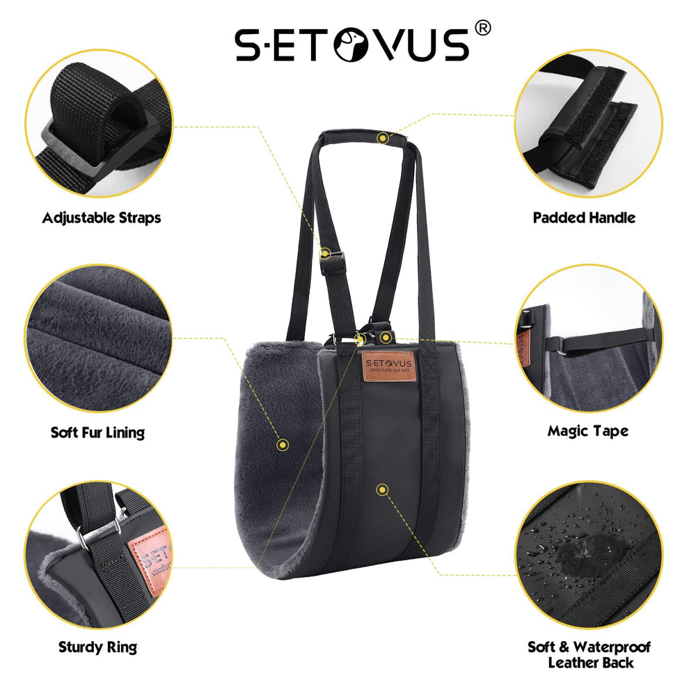 S-ETOVUS dog sling back view highlighting durable nylon strap and leather back
