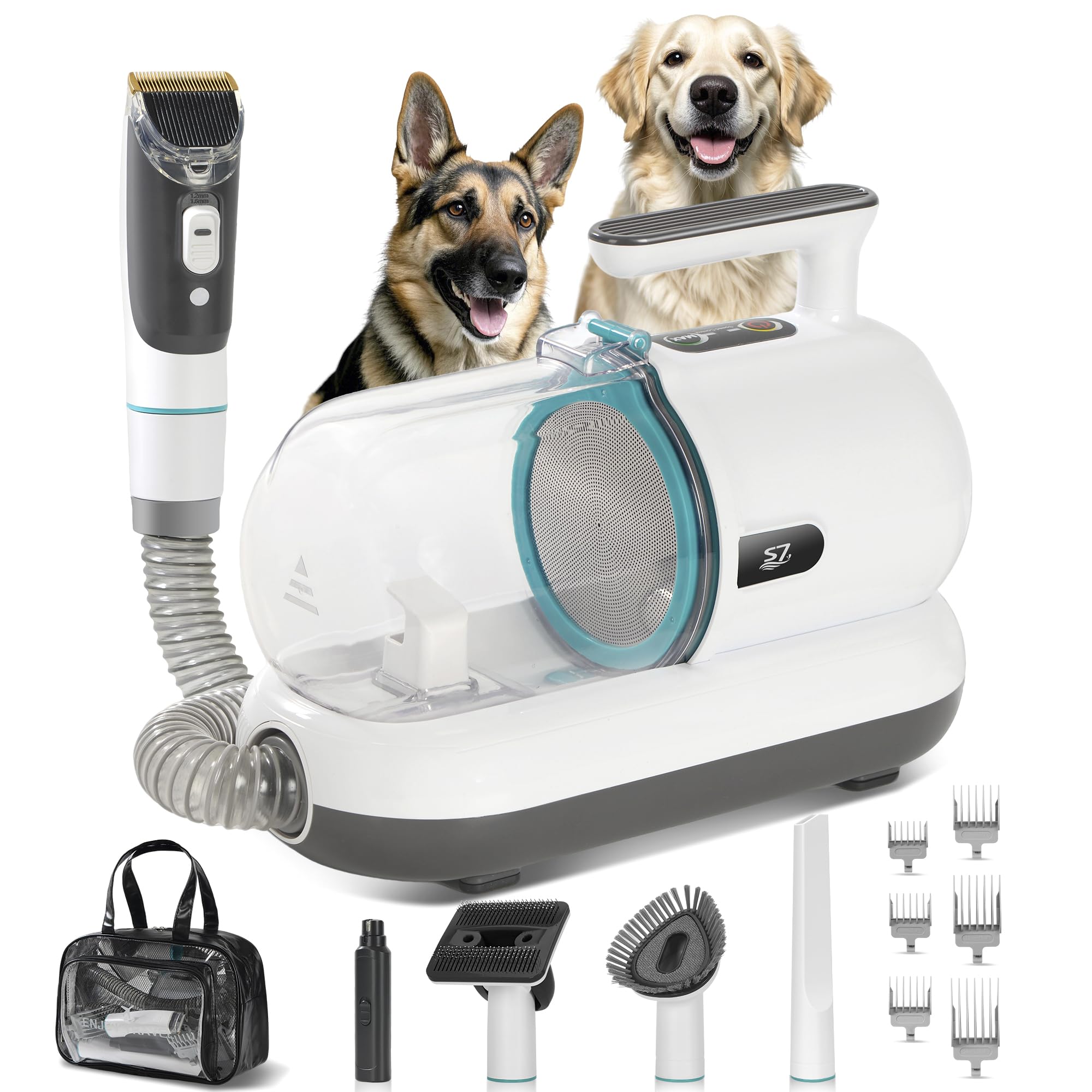 S7 dog grooming vacuum kit storage bag keeps tools organized for quick grooming sessions.