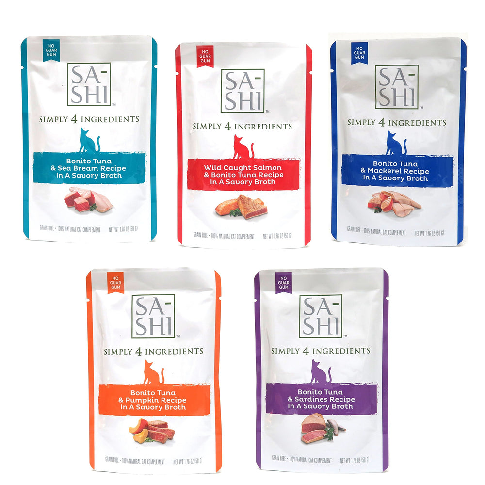 Sa-Shi grain-free wet cat food pouches variety pack with five flavors for hydration.