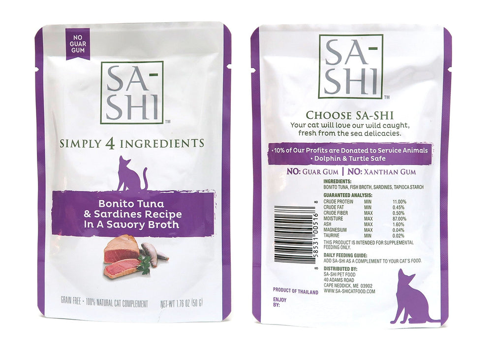 Sa-Shi Wild Caught Salmon & Bonita Tuna in savory broth supports moisture and flavor.
