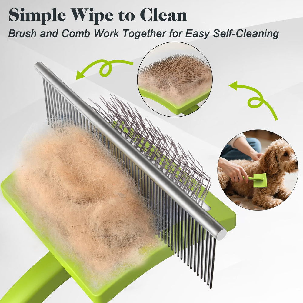 Saccison slicker brush green color enhances visibility during doodle grooming.