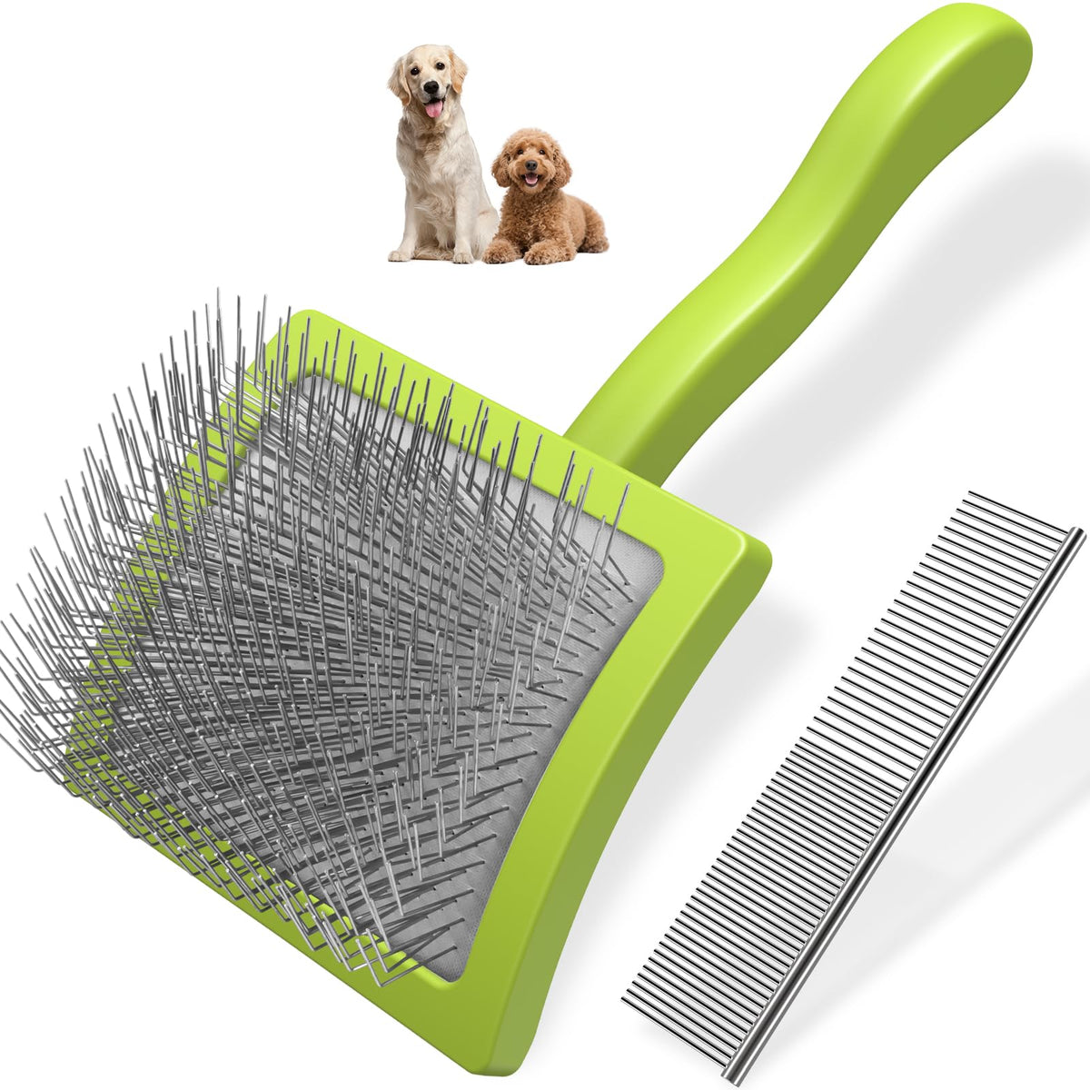Saccison slicker brush pins detail for deep undercoat removal and tangle relief.