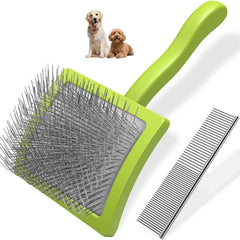 Saccison slicker brush pins detail for deep undercoat removal and tangle relief.