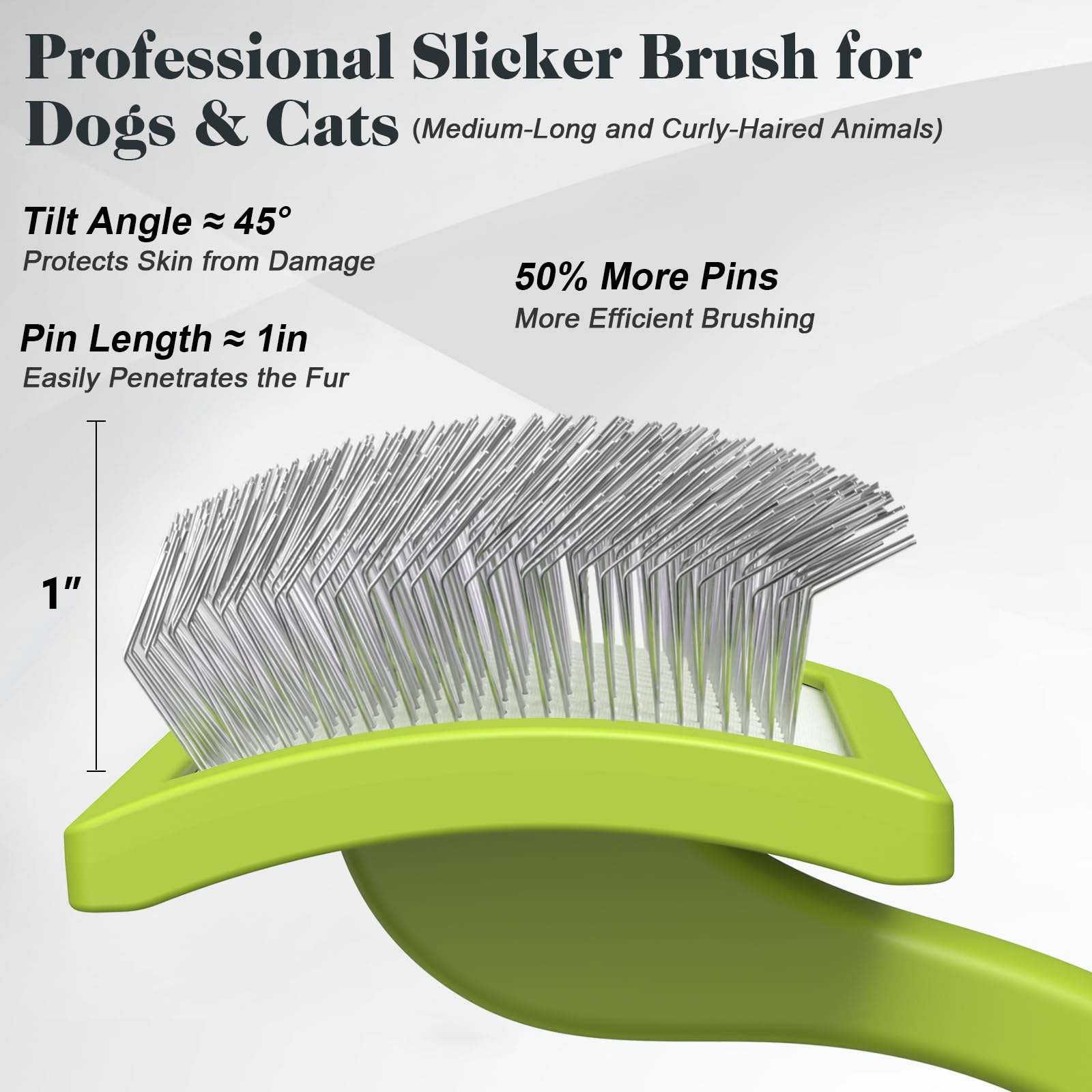 Saccison slicker brush long pins reach dense coats without irritating skin.