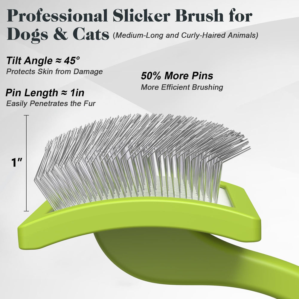 Saccison slicker brush long pins reach dense coats without irritating skin.