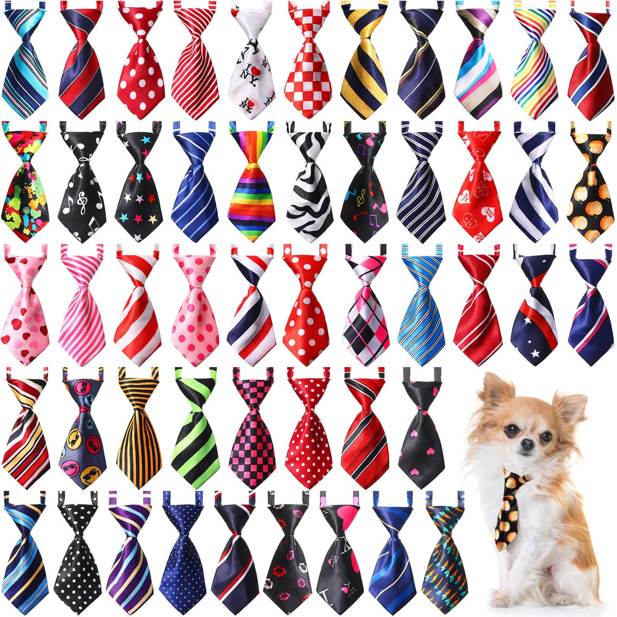 Sadnyy 50-pcs dog tie collection closeup showing varied patterns for stylish pet photos