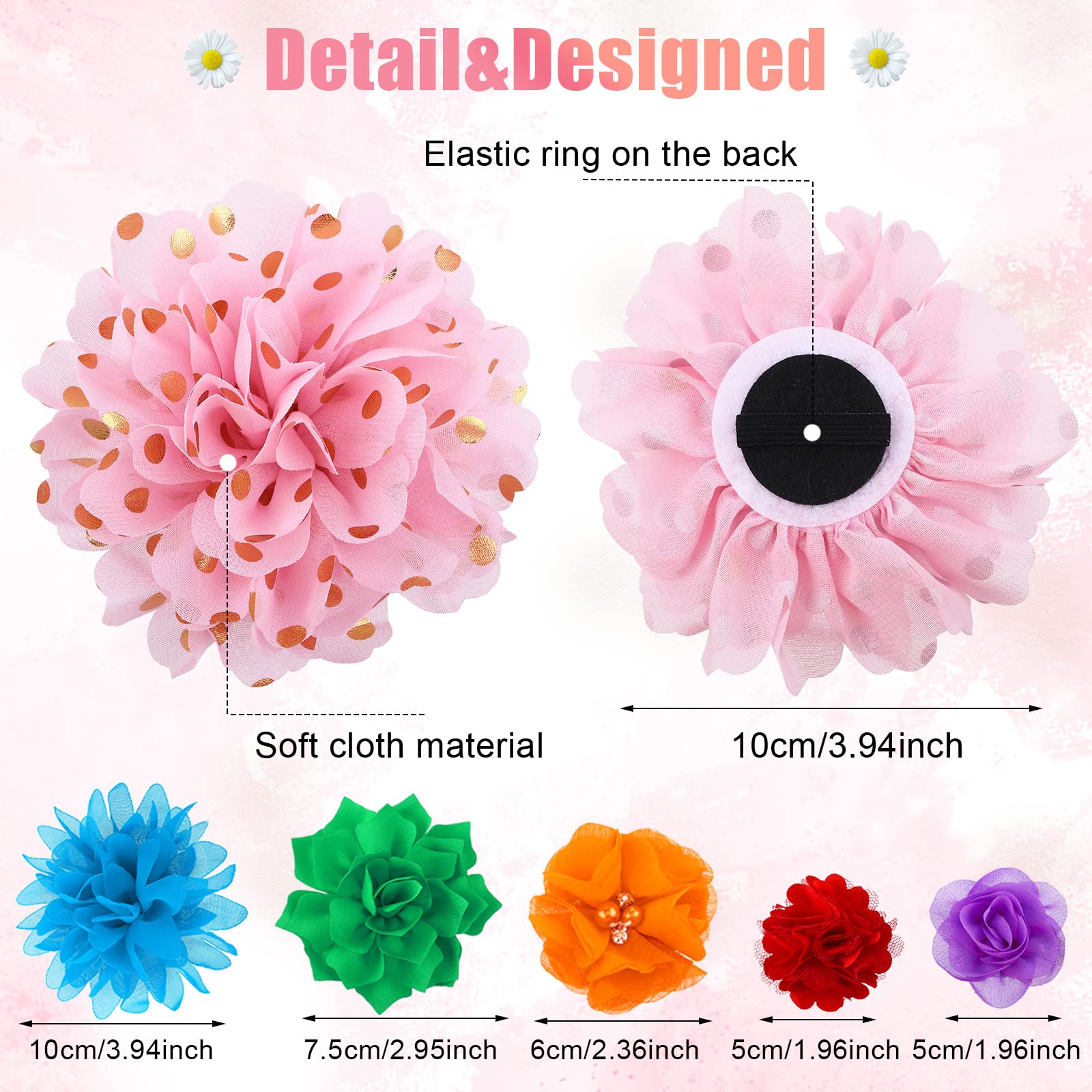 Sadnyy dog collar flower bows multicolor closeup highlighting soft chiffon texture.