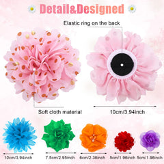 Sadnyy dog collar flower bows multicolor closeup highlighting soft chiffon texture.